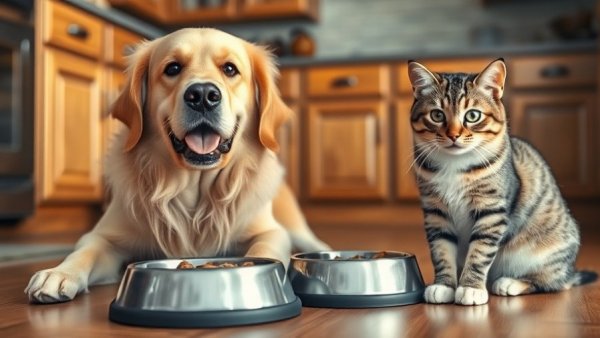 Golden retriever and tabby cat with bowls in a kitchen, pet health theme.