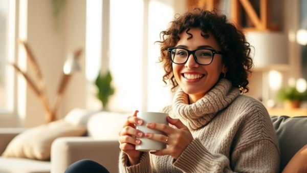 Smiling woman enjoying coffee at home, coffee and heart health.