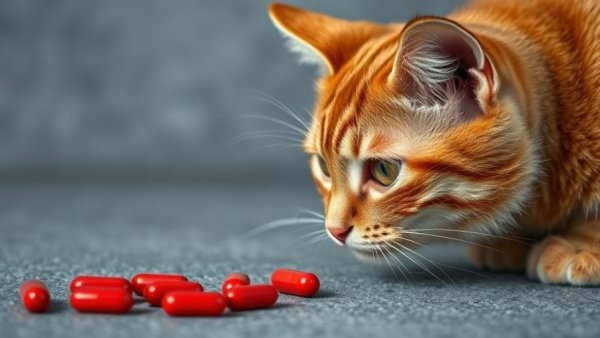 Ginger tabby cat looking at red pills, serotonin syndrome risk.