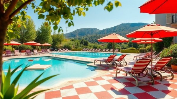 Charming hotel garden in Sicily with checkered pool and scenic hills.
