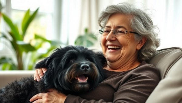 Older woman smiling with dog on couch, illustrating how life is better today.