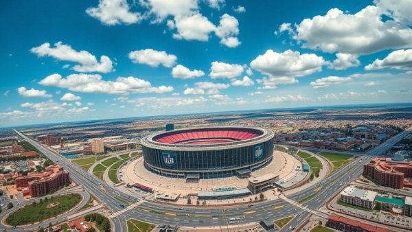 NFL stadium in cityscape, easily accessible, vibrant sky.
