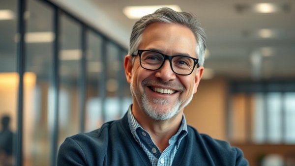 Smiling man in office, possibly considering Saver's Retirement Tax Credit.