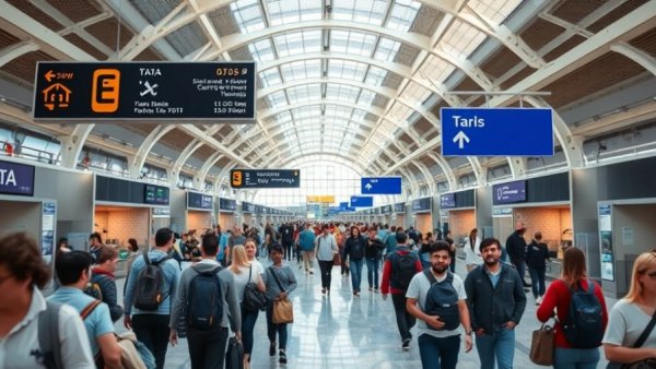 Crowded airport terminal with TSA checkpoints and travelers.