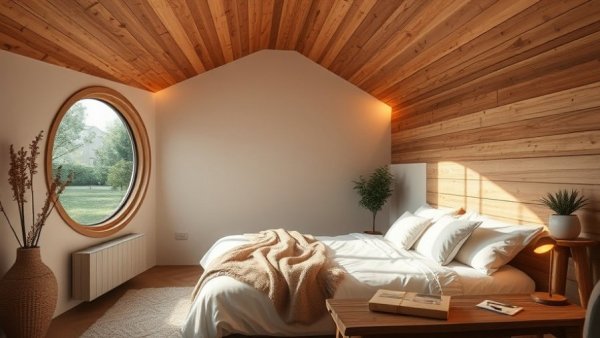 Jeju Island Airbnb cozy bedroom interior with unique round window.