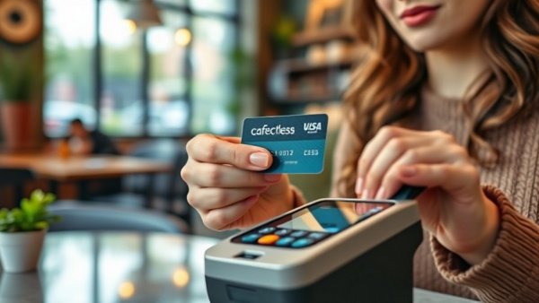 Woman using credit card for contactless payment at cafe, showcasing Costco Anywhere Visa Card benefits.