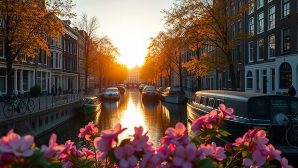 Delta flights to Europe visualized by a picturesque Amsterdam canal at sunset.