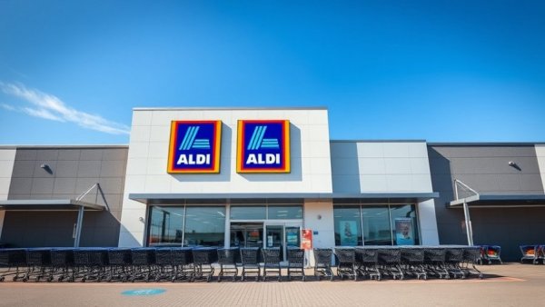 Aldi supermarket exterior with shopping carts and parking