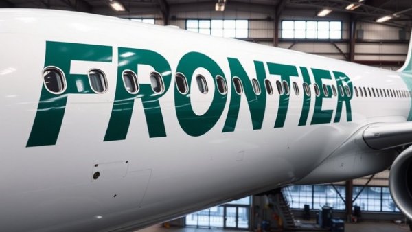 Frontier Airlines plane featuring the logo inside a hangar.