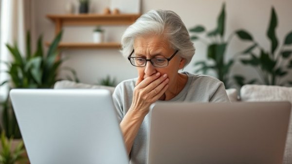 Elderly woman worried about online scams, sitting with laptop in living room.