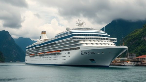 Holland America Great Bear Rainforest Cruise ship docked with mountains in background.