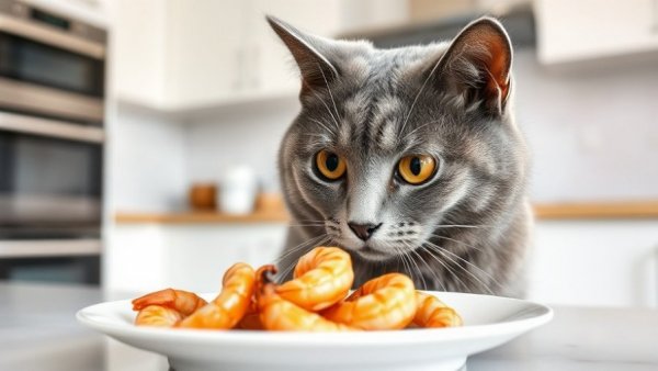 Curious grey cat examining a plate of shrimp in a kitchen. Can Cats Eat Shrimp?