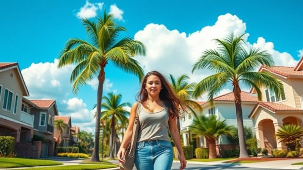 Sunny suburban neighborhood scene with houses and palm trees