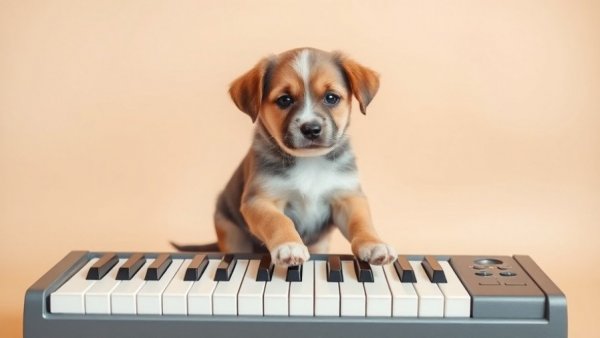 Adorable puppy playing keyboard, perfect for calming music for dogs