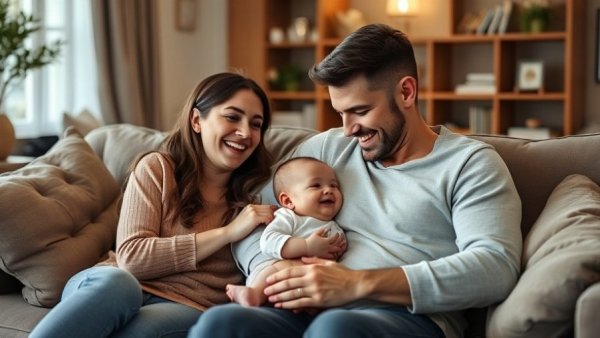 Smiling family on couch enjoying a moment together.