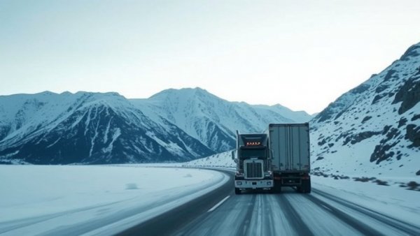 Semi-truck on icy road in snowy mountains under clear sky, states investing in infrastructure.