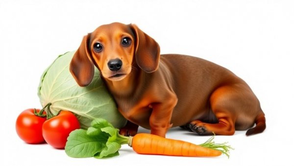 Dachshund with vegetables showcasing fiber benefits for dogs.