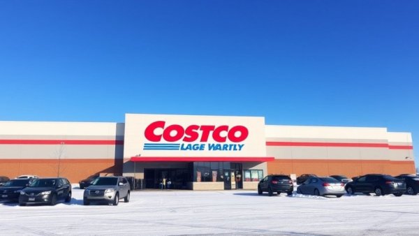 Costco warehouse exterior with parked vehicles, blue sky.