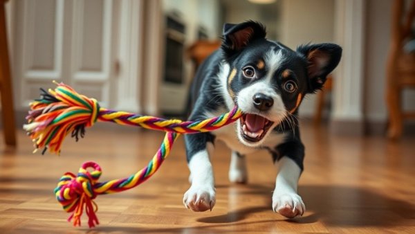 Energetic dog playing with rope toy indoors on wooden floor.