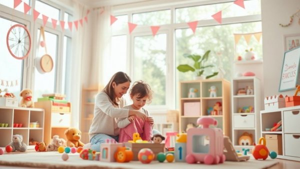Mother and daughter tidying up a child's room with toys, depicting home life.
