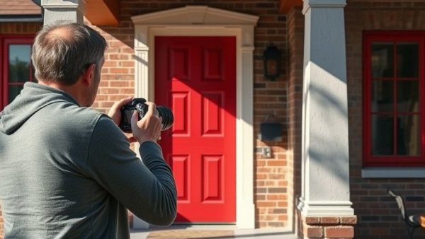 Photographer capturing a staged house doorway, sunny.