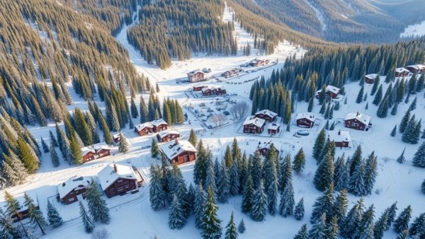 Aerial view of snow-covered Vail Colorado ski town with slopes.