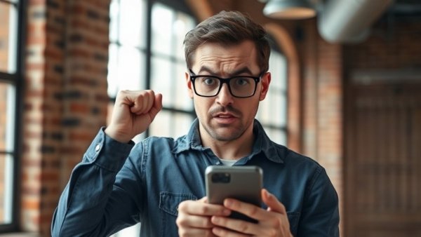 Frustrated man with smartphone concerned about social media account takeover risks.