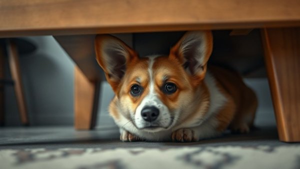 Anxious corgi hiding under furniture due to panic attack.