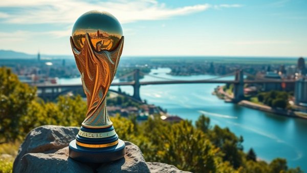 World Cup 2026 tickets scenery with trophy and city skyline.