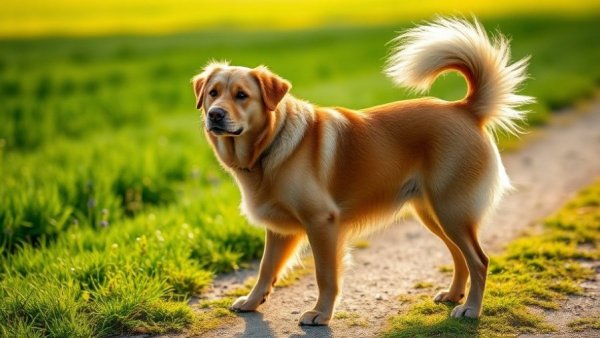 Dog with curled tail standing in a field showcasing dog tail functions.