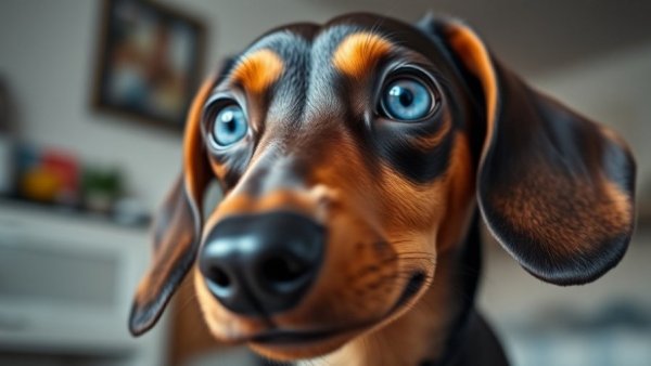 Close-up of dachshund with striking blue eyes, indoors.