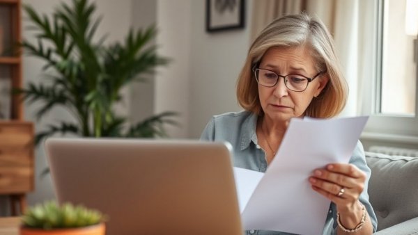 Concerned woman selling old stock certificates in home office.