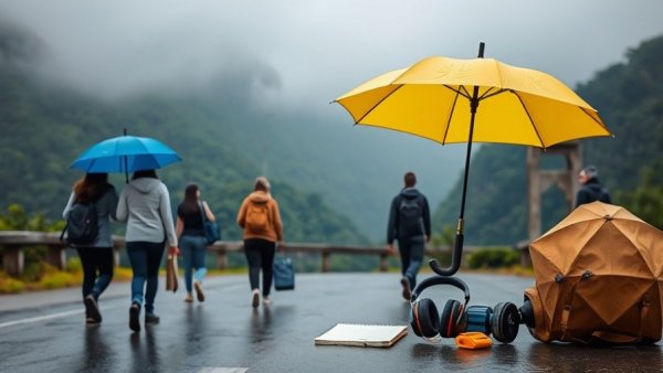 Group with blue umbrella and yellow umbrella among travel items against foggy mountains.