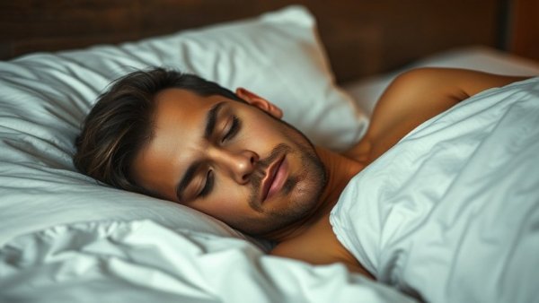 A man peacefully sleeps under white sheets, symbolizing the benefits of fruits and vegetables for sleep quality.