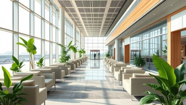 Modern airport lounge with plush seating and greenery.