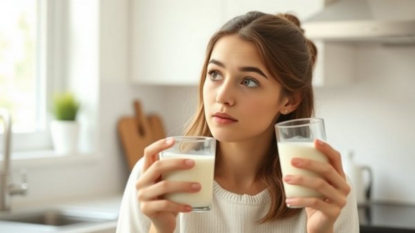 Young woman in a kitchen holds low-fat milk, reflecting on heart health.