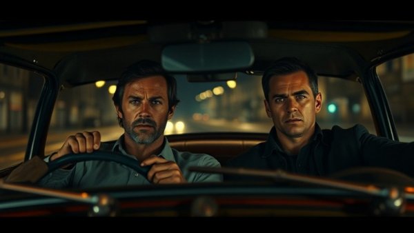 Dramatic nighttime scene in a vintage car at a Hudson Valley filming location