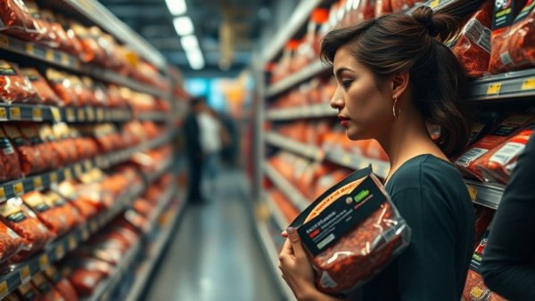 Thoughtful woman examines red meat packages, considering dementia risk.