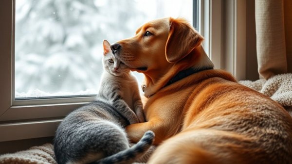 Dog and cat cuddling by a snowy window, cold weather pet safety tips.