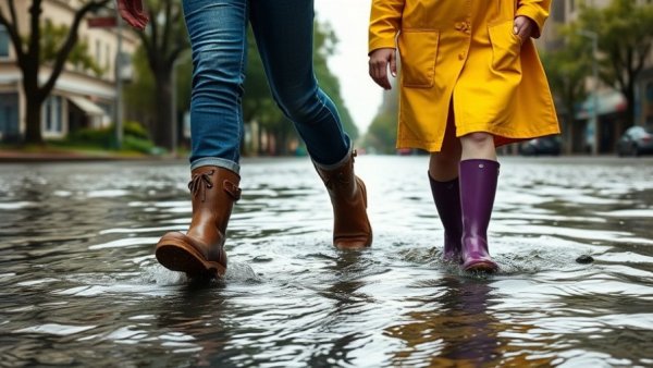 People walking in flooded street in rain boots, Washington state floods resources.