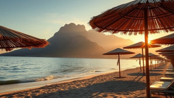 Serene Mediterranean beach scene with straw parasols and mountains.