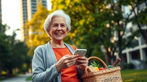 Older woman shows credit card and phone in city park, Chase Freedom Unlimited.