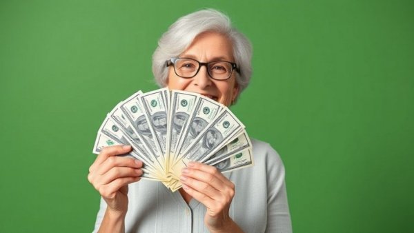 Cheerful older woman holding money, expressing personal finances success.