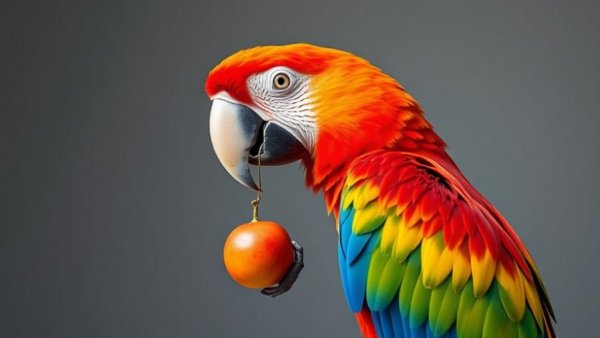 Vividly colored scarlet macaw, focused expression, holding fruit