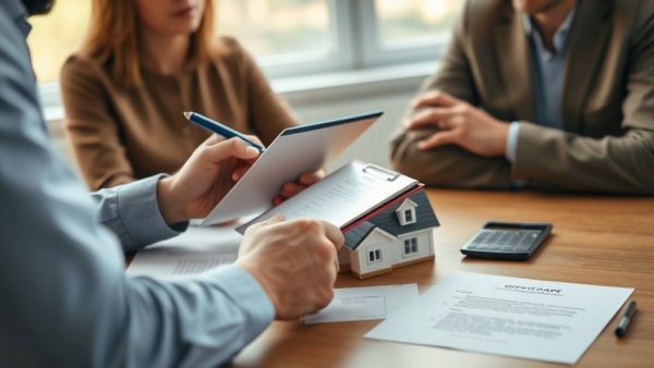 Mortgage pre-approval discussion with documents and calculator.