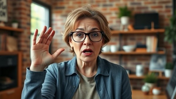 Mature woman experiencing tax stress in retirement at home desk.