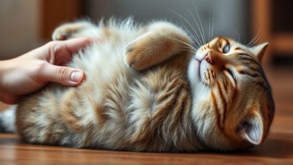 Cat belly check with fluffy tabby enjoying gentle rub.