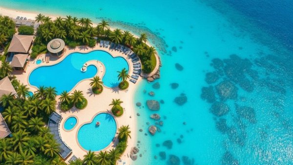 Aerial view of best hotels in Aruba with pools and beach.