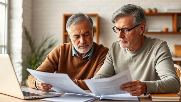 Mature couple discussing financial documents at home, tap home equity in retirement.
