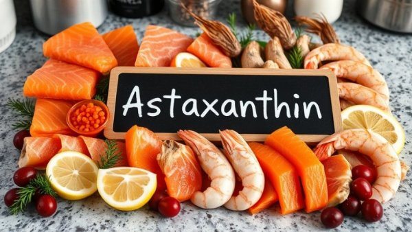 Astaxanthin-rich foods like salmon and shrimp, showcasing Astaxanthin benefits for dogs.